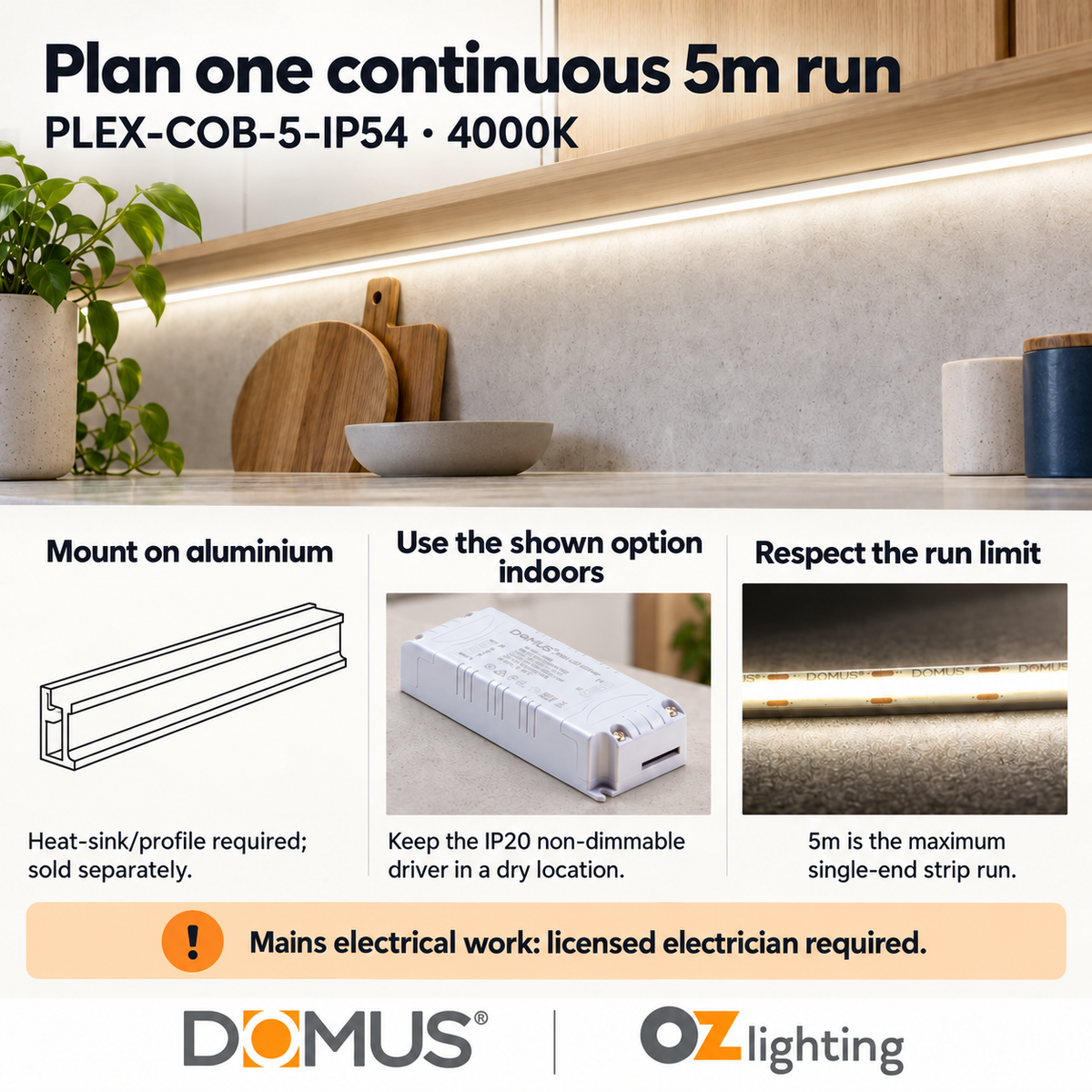 Domus PLEX-COB-5-IP54 5m 4000K LED strip and driver bundle — practical advice