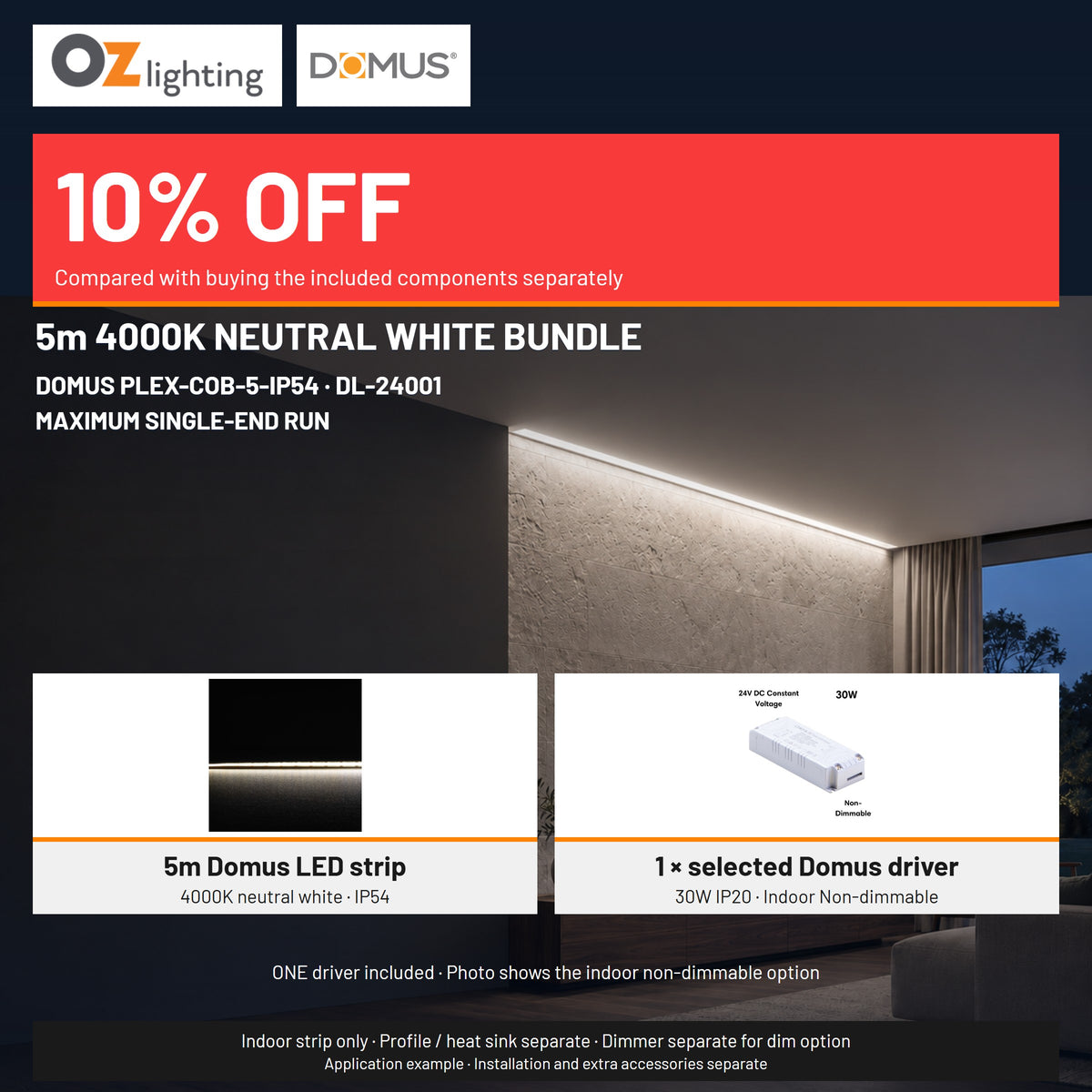 Domus PLEX 5 Metre 5W/m Neutral White Strip and Driver Bundle-Domus Lighting-Ozlighting.com.au
