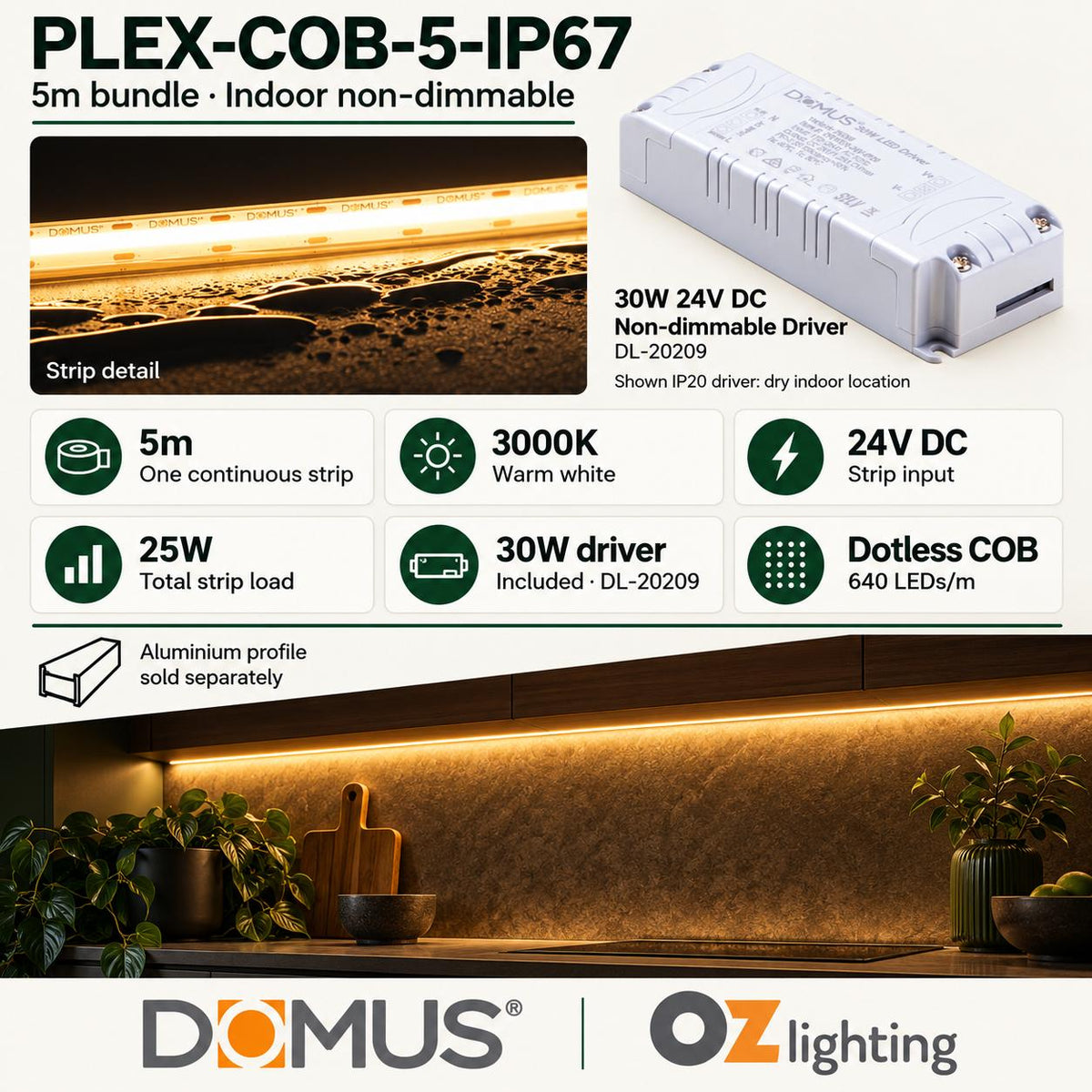 Domus PLEX-COB-5-IP67 5m 3000K LED strip and driver bundle — product details