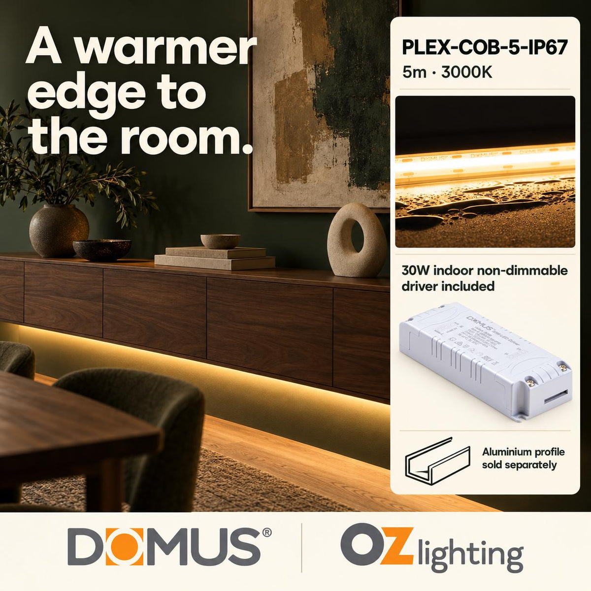 Domus PLEX-COB-5-IP67 5m 3000K LED strip and driver bundle — hero