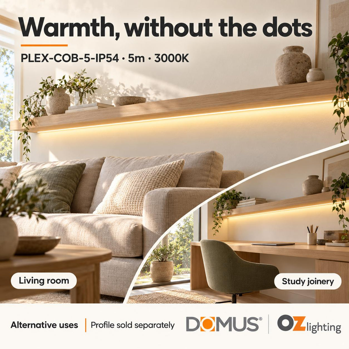 Domus PLEX-COB-5-IP54 5m 3000K LED strip and driver bundle — marketing