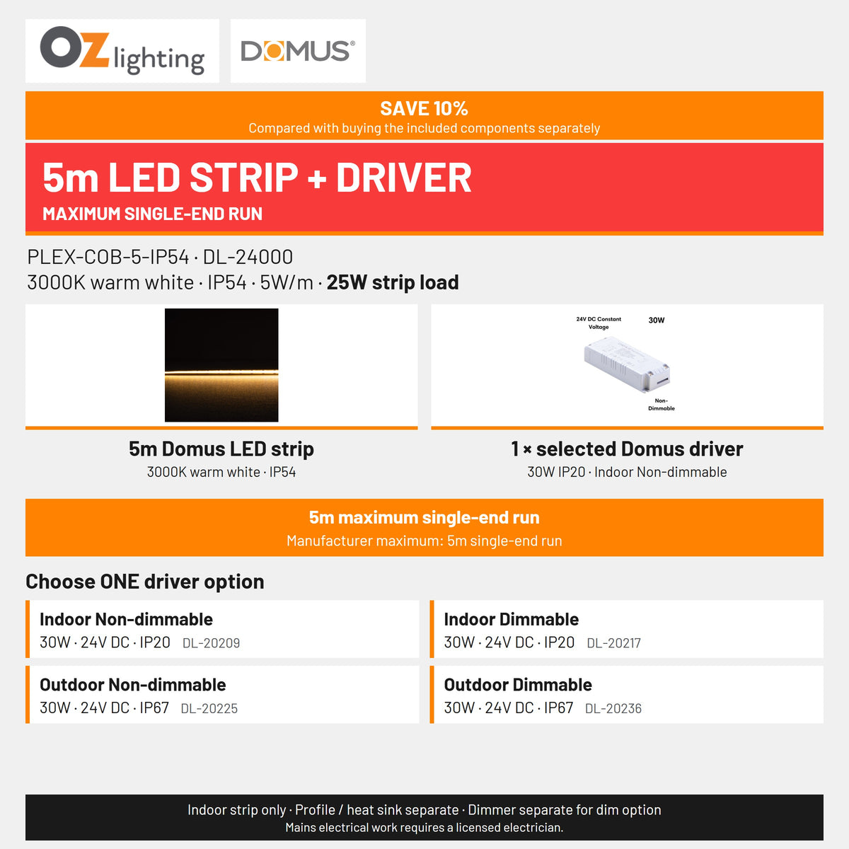 Domus PLEX 5 Metre 5W/m Warm White Strip and Driver Bundle-Domus Lighting-Ozlighting.com.au