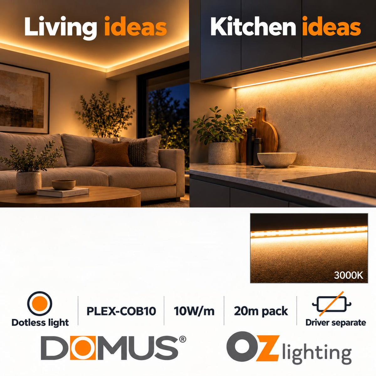 Domus PLEX-COB-10-20M LED Strip - 10W, 24V, 20m Roll Pack, Per Metre, IP54, Dotless - DRIVER REQUIRED-Domus Lighting-Ozlighting.com.au