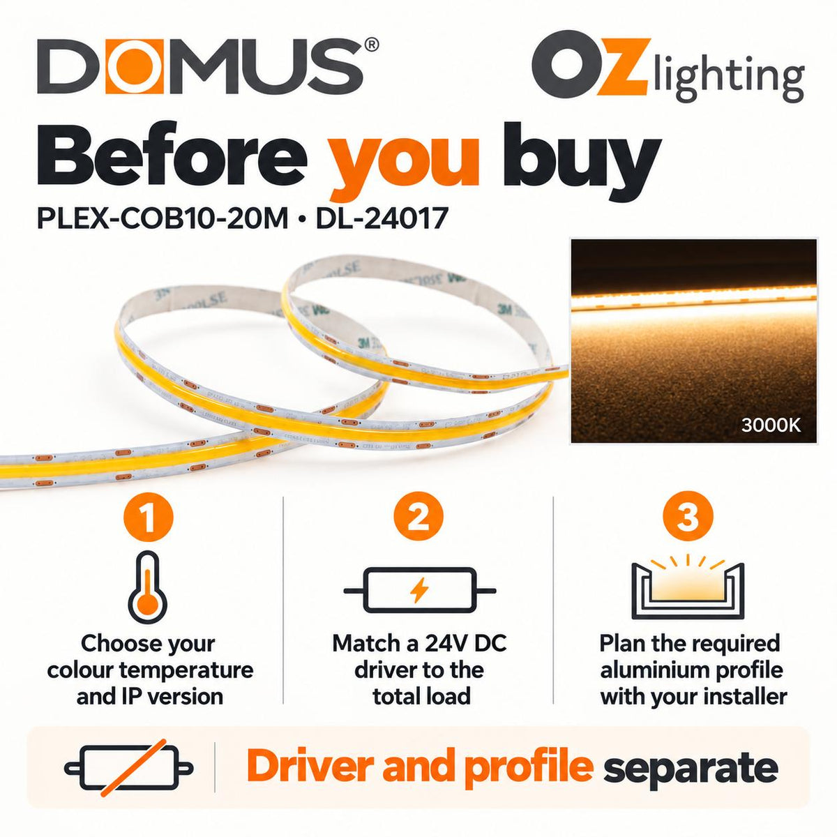 Domus PLEX-COB-10-20M LED Strip - 10W, 24V, 20m Roll Pack, Per Metre, IP54, Dotless - DRIVER REQUIRED-Domus Lighting-Ozlighting.com.au