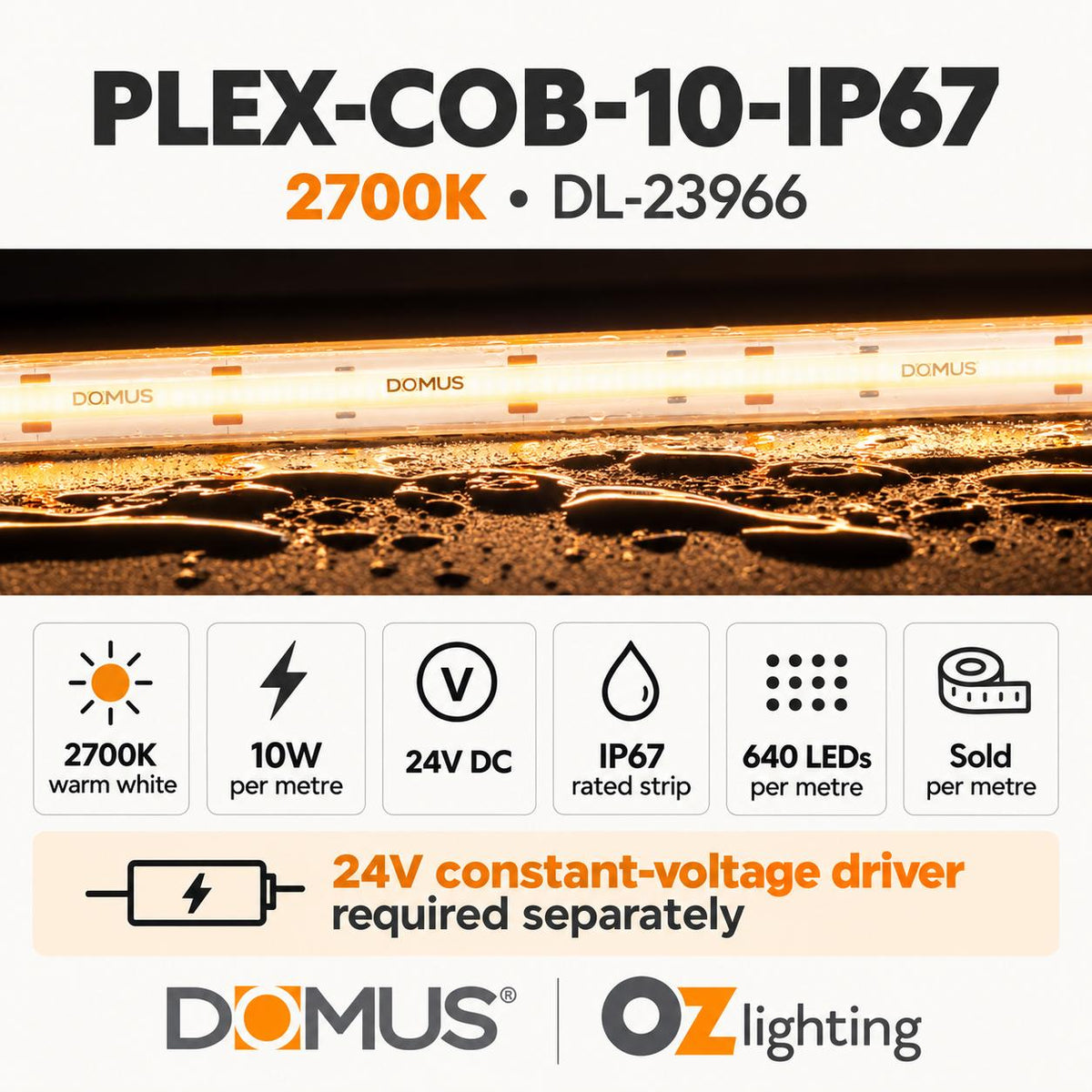 Domus PLEX-COB-10-IP67 LED Strip - 24V, Per Metre, IP67 - DRIVER REQUIRED-Domus Lighting-Ozlighting.com.au