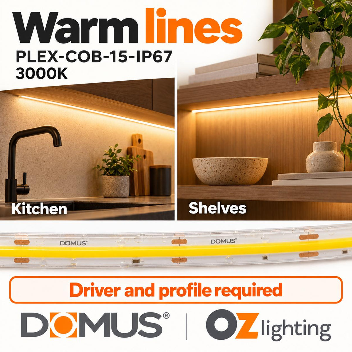 Domus PLEX-COB-15-IP67 LED Strip - 15W, 24V, Per Metre, IP67, Dotless - DRIVER REQUIRED-Domus Lighting-Ozlighting.com.au