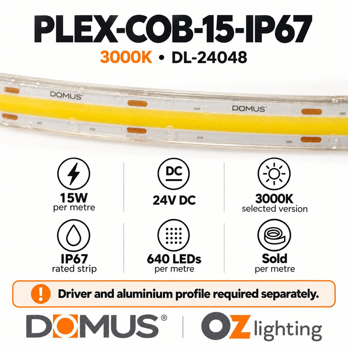 Domus PLEX-COB-15-IP67 LED Strip - 15W, 24V, Per Metre, IP67, Dotless - DRIVER REQUIRED-Domus Lighting-Ozlighting.com.au