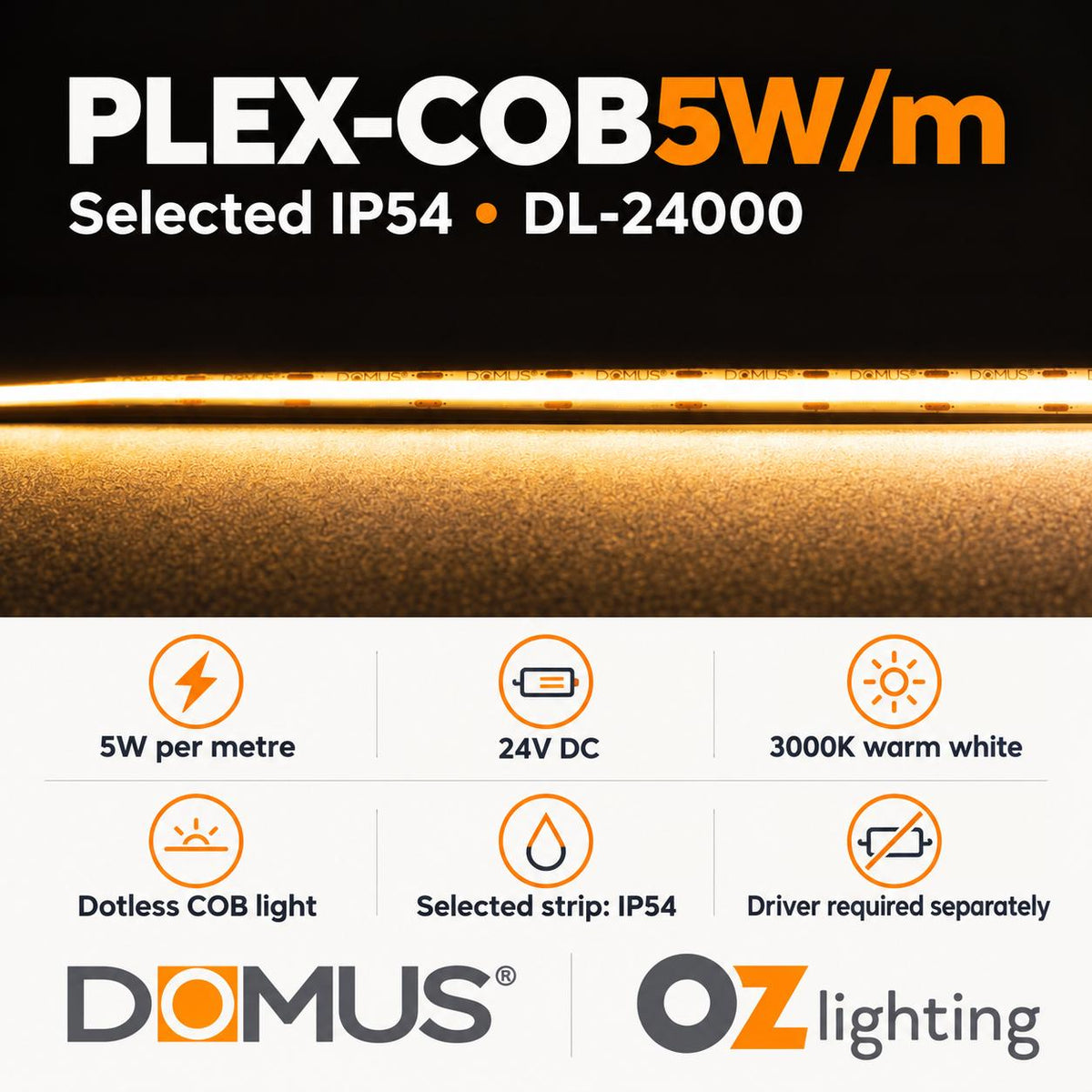 Domus PLEX-COB LED Strip - 5W/m - DRIVER REQUIRED-Domus Lighting-Ozlighting.com.au