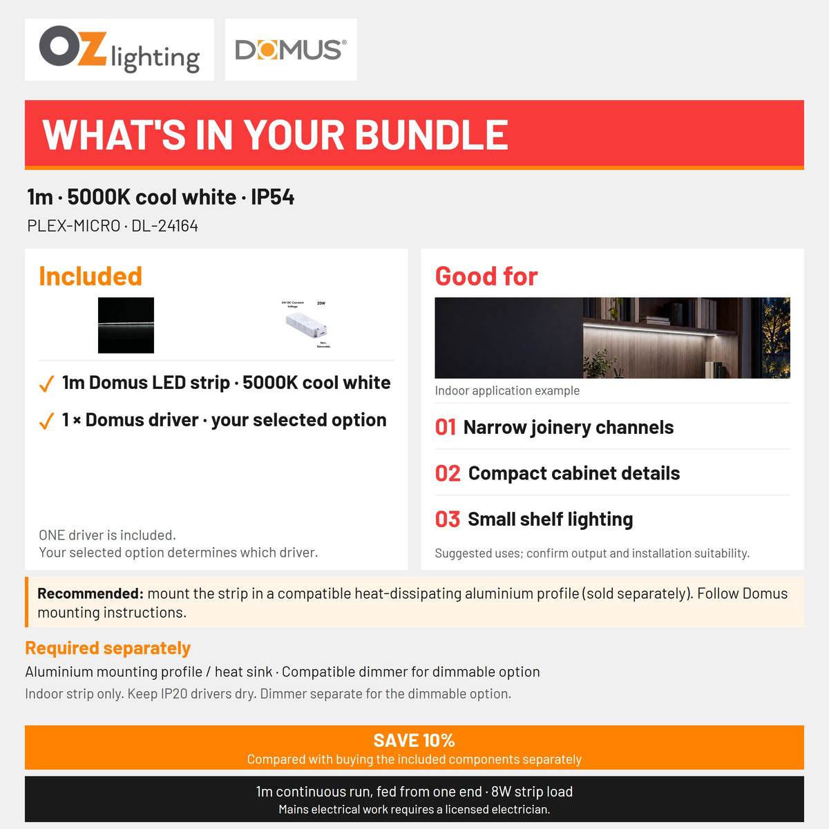 Domus PLEX Micro 1 Metre 8W/m Cool White Strip and Driver Bundle-Domus Lighting-Ozlighting.com.au