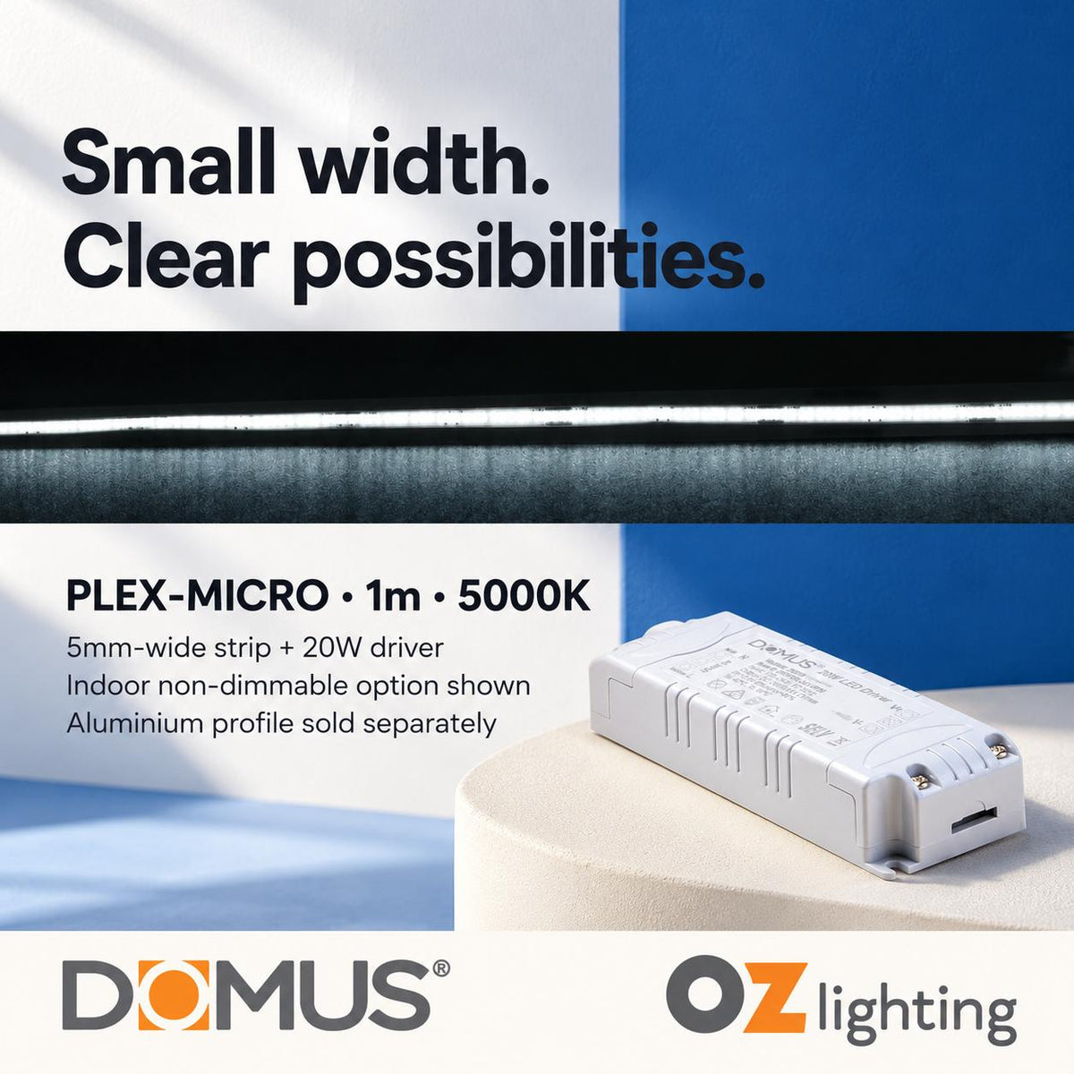 Domus PLEX Micro 1 Metre 8W/m Cool White Strip and Driver Bundle-Domus Lighting-Ozlighting.com.au