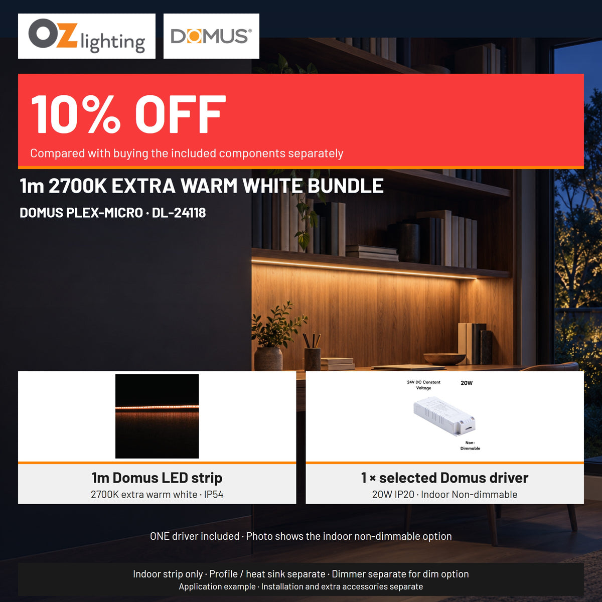 Domus PLEX Micro 1 Metre 8W/m Extra Warm White Strip and Driver Bundle-Domus Lighting-Ozlighting.com.au