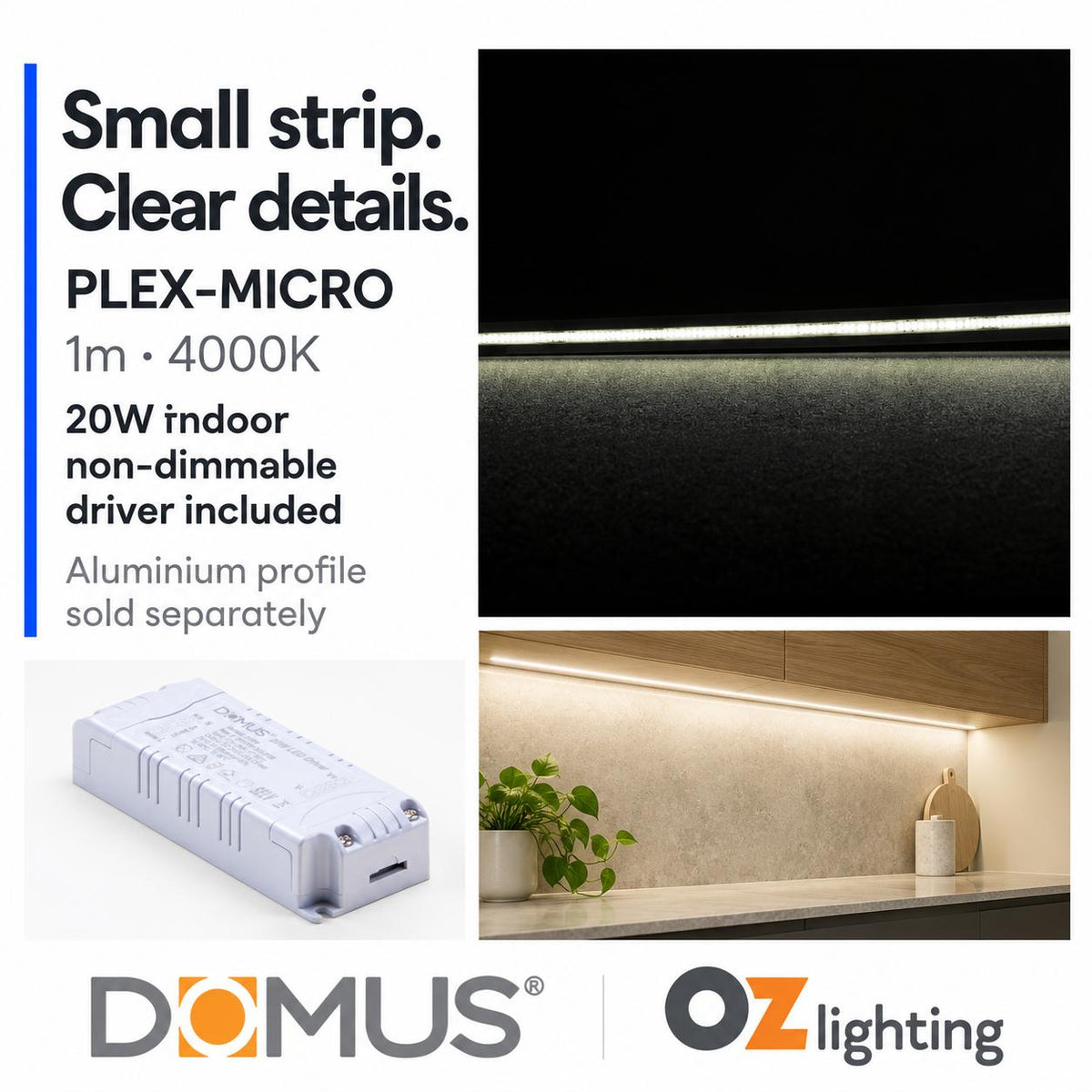 Domus PLEX Micro 1 Metre 8W/m Neutral White Strip and Driver Bundle-Domus Lighting-Ozlighting.com.au