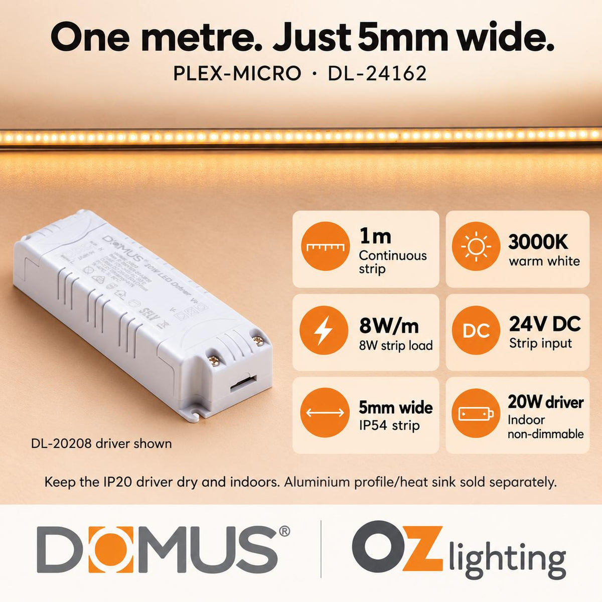 Domus PLEX Micro 1 Metre 8W/m Warm White Strip and Driver Bundle-Domus Lighting-Ozlighting.com.au