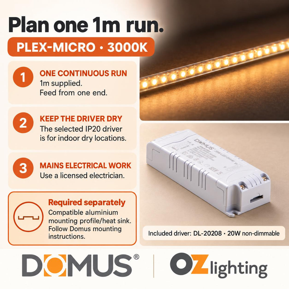 Domus PLEX Micro 1 Metre 8W/m Warm White Strip and Driver Bundle-Domus Lighting-Ozlighting.com.au