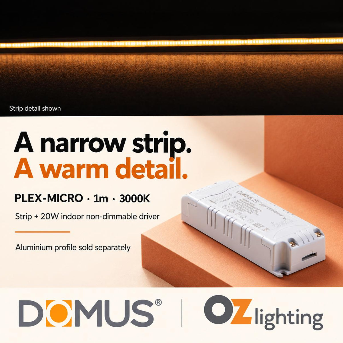 Domus PLEX Micro 1 Metre 8W/m Warm White Strip and Driver Bundle-Domus Lighting-Ozlighting.com.au