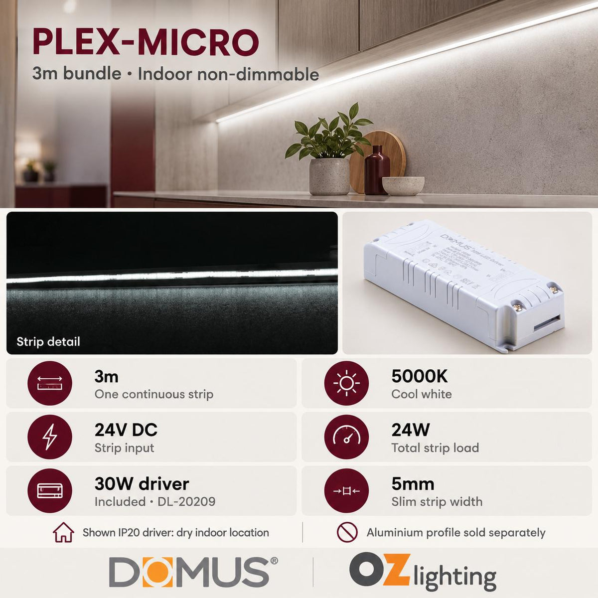 Domus PLEX Micro 3 Metre 8W/m Cool White Strip and Driver Bundle-Domus Lighting-Ozlighting.com.au