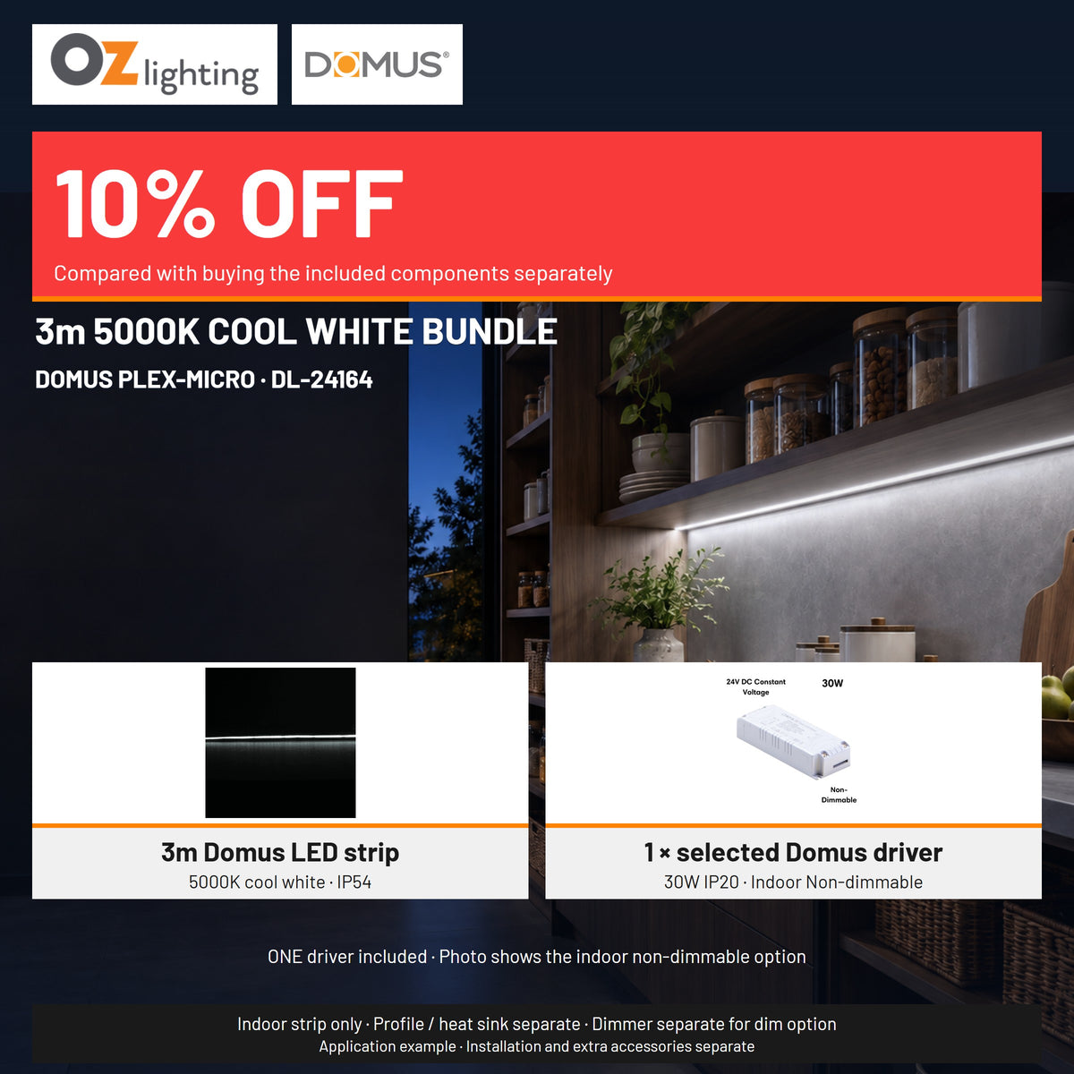 Domus PLEX-MICRO LED Strip & Driver Bundle - 5000K, IP54, 3m-Domus Lighting-Ozlighting.com.au