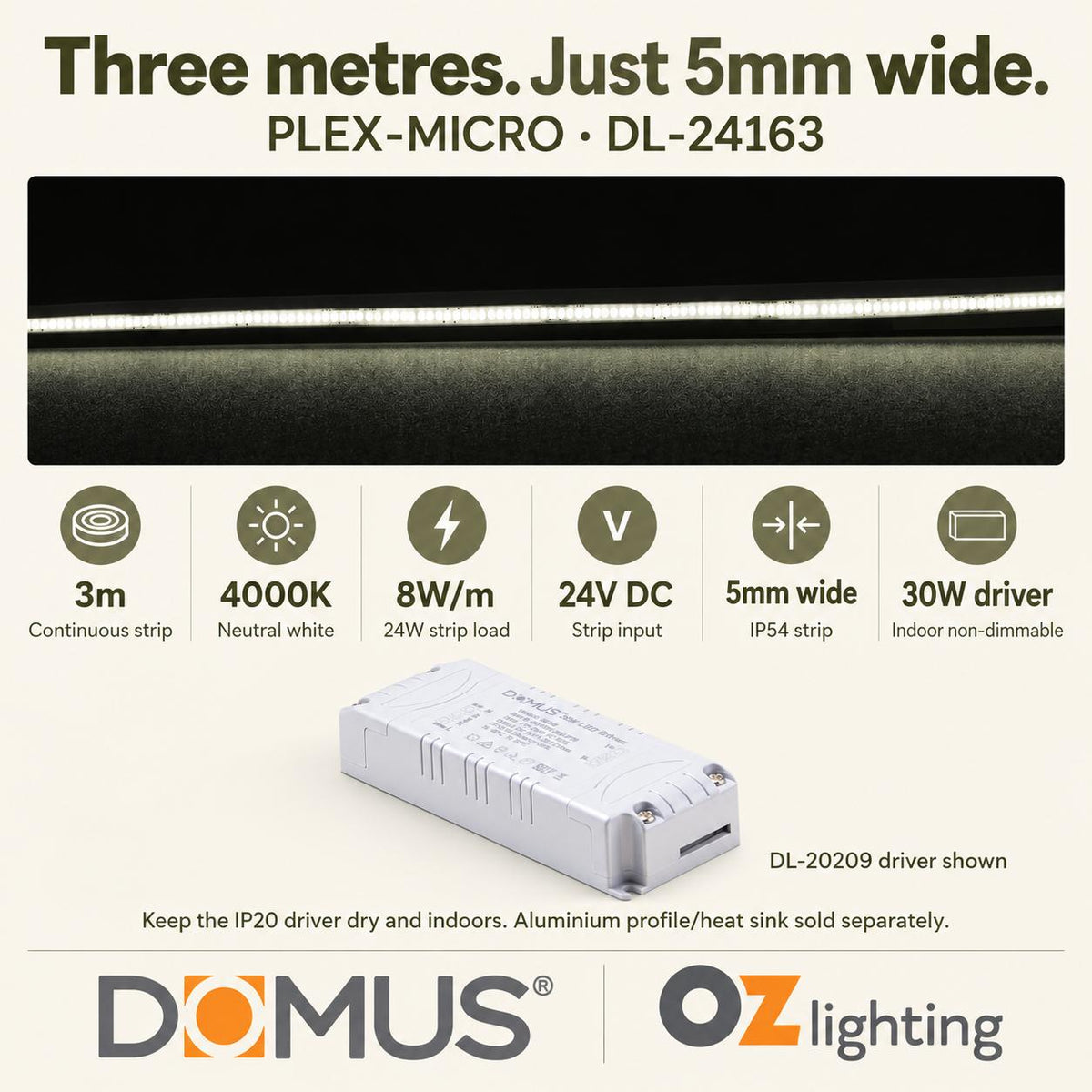 Domus PLEX Micro 3 Metre 8W/m Neutral White Strip and Driver Bundle-Domus Lighting-Ozlighting.com.au