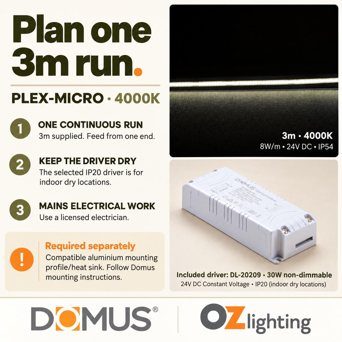 Domus PLEX Micro 3 Metre 8W/m Neutral White Strip and Driver Bundle-Domus Lighting-Ozlighting.com.au