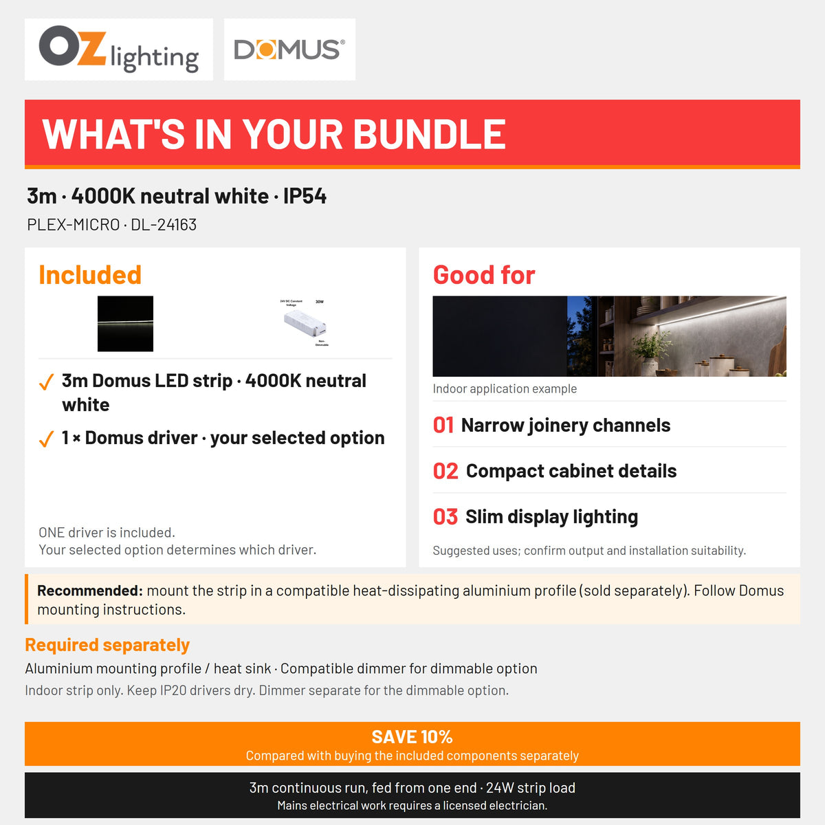 Domus PLEX Micro 3 Metre 8W/m Neutral White Strip and Driver Bundle-Domus Lighting-Ozlighting.com.au