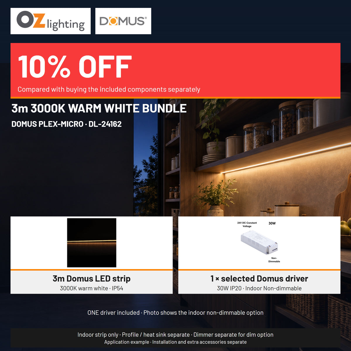 Domus PLEX-MICRO LED Strip & Driver Bundle - 3000K, IP54, 3m-Domus Lighting-Ozlighting.com.au