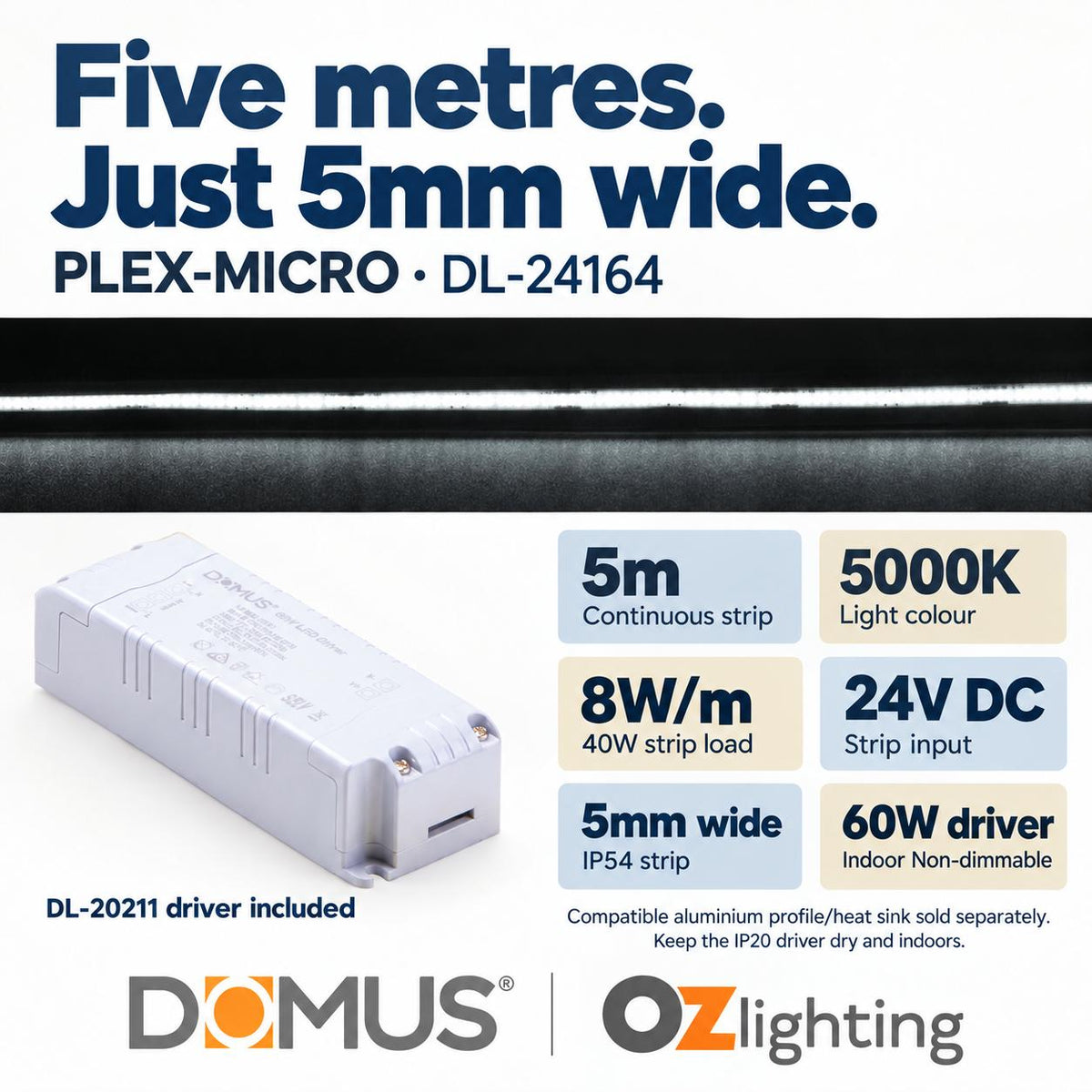 Domus PLEX Micro 5 Metre 8W/m Cool White Strip and Driver Bundle-Domus Lighting-Ozlighting.com.au