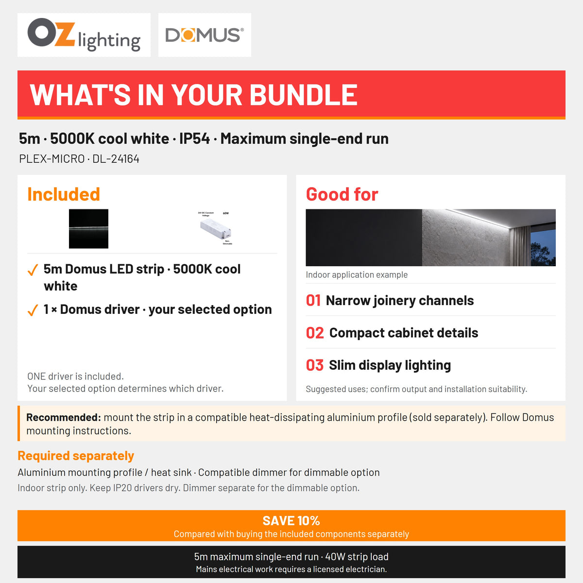 Domus PLEX-MICRO LED Strip & Driver Bundle - 5000K, IP54, 5m-Domus Lighting-Ozlighting.com.au
