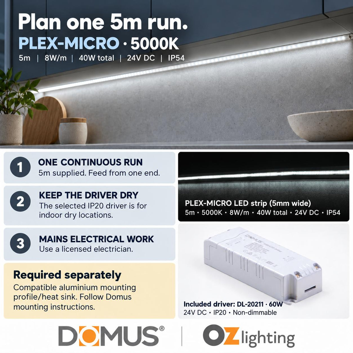 Domus PLEX Micro 5 Metre 8W/m Cool White Strip and Driver Bundle-Domus Lighting-Ozlighting.com.au
