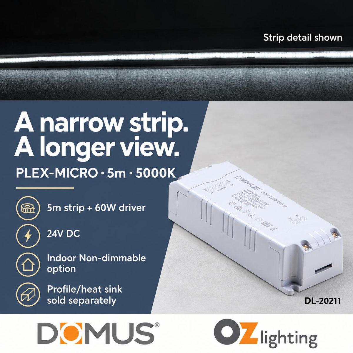 Domus PLEX Micro 5 Metre 8W/m Cool White Strip and Driver Bundle-Domus Lighting-Ozlighting.com.au