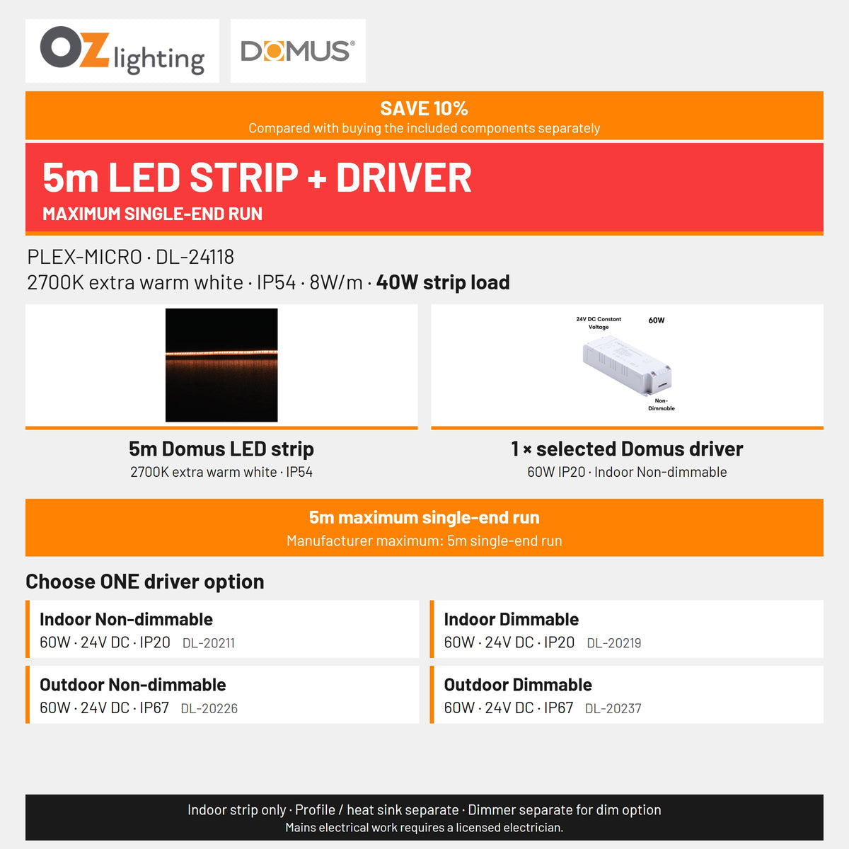 Domus PLEX Micro 5 Metre 8W/m Extra Warm White Strip and Driver Bundle-Domus Lighting-Ozlighting.com.au