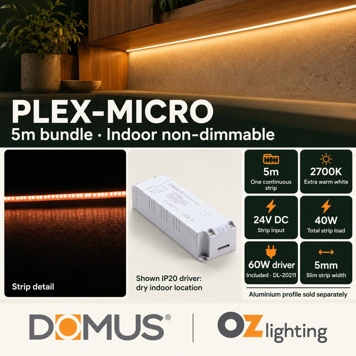 Domus PLEX Micro 5 Metre 8W/m Extra Warm White Strip and Driver Bundle-Domus Lighting-Ozlighting.com.au