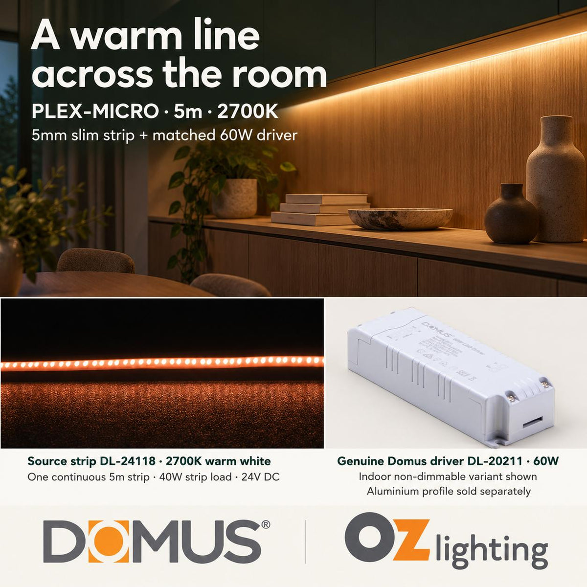 Domus PLEX Micro 5 Metre 8W/m Extra Warm White Strip and Driver Bundle-Domus Lighting-Ozlighting.com.au