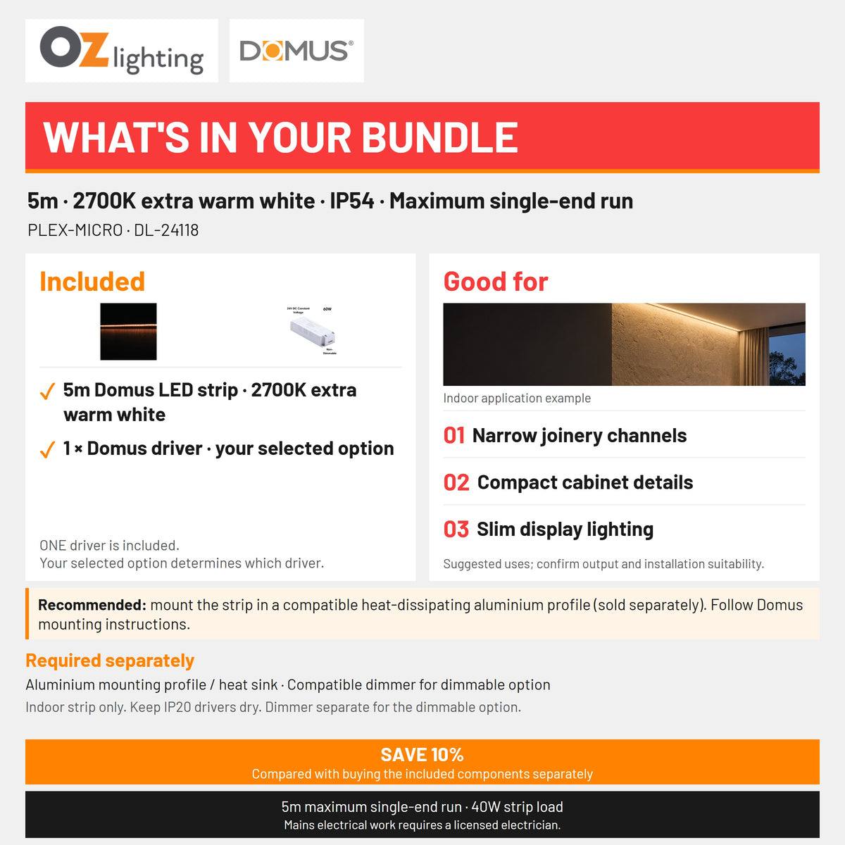 Domus PLEX Micro 5 Metre 8W/m Extra Warm White Strip and Driver Bundle-Domus Lighting-Ozlighting.com.au