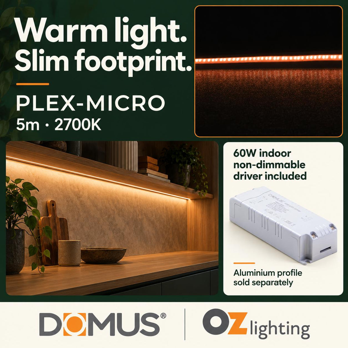 Domus PLEX Micro 5 Metre 8W/m Extra Warm White Strip and Driver Bundle-Domus Lighting-Ozlighting.com.au