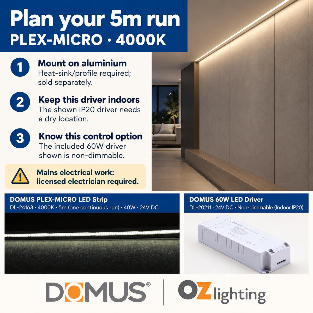 Domus PLEX Micro 5 Metre 8W/m Neutral White Strip and Driver Bundle-Domus Lighting-Ozlighting.com.au