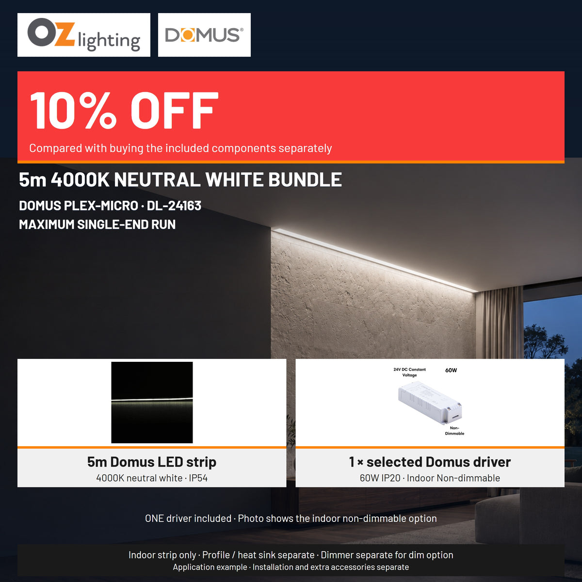 Domus PLEX Micro 5 Metre 8W/m Neutral White Strip and Driver Bundle-Domus Lighting-Ozlighting.com.au