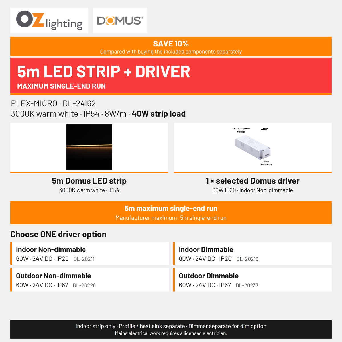 Domus PLEX-MICRO LED Strip & Driver Bundle - 3000K, IP54, 5m-Domus Lighting-Ozlighting.com.au
