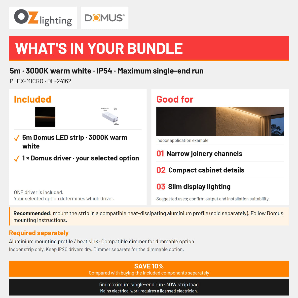 Domus PLEX-MICRO LED Strip & Driver Bundle - 3000K, IP54, 5m-Domus Lighting-Ozlighting.com.au