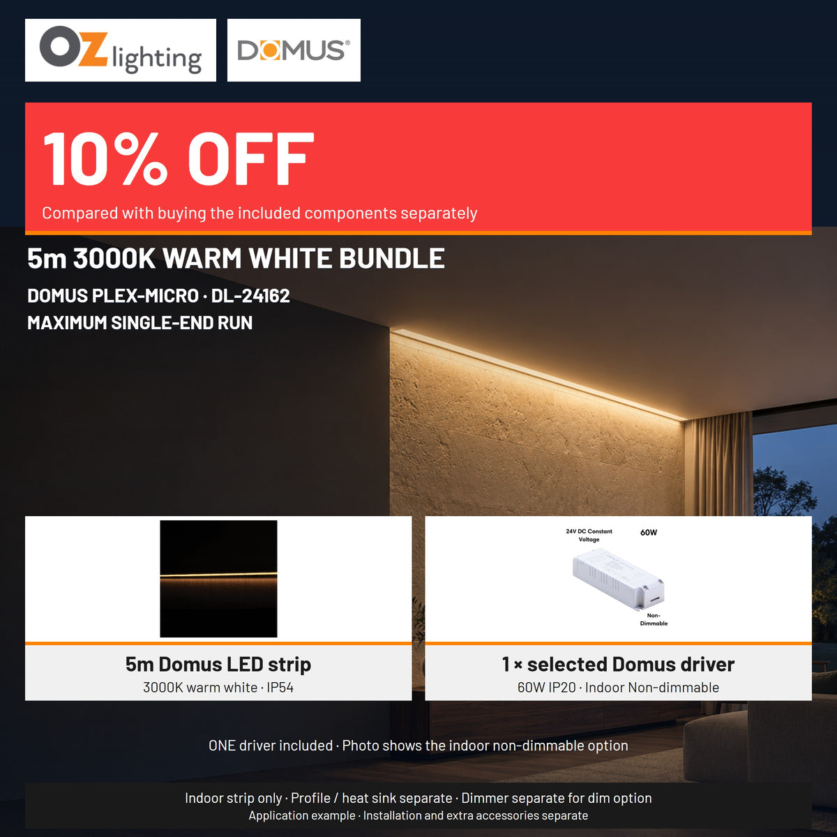 Domus PLEX Micro 5 Metre 8W/m Warm White Strip and Driver Bundle-Domus Lighting-Ozlighting.com.au