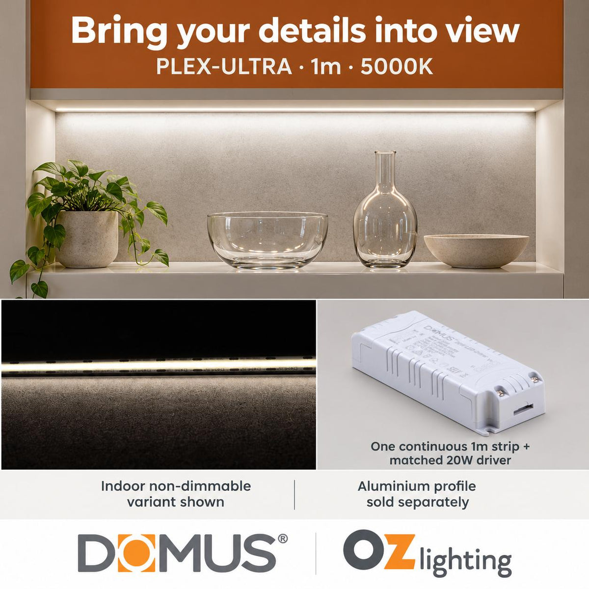 Domus PLEX Ultra 1 Metre 10W/m Cool White Strip and Driver Bundle-Domus Lighting-Ozlighting.com.au