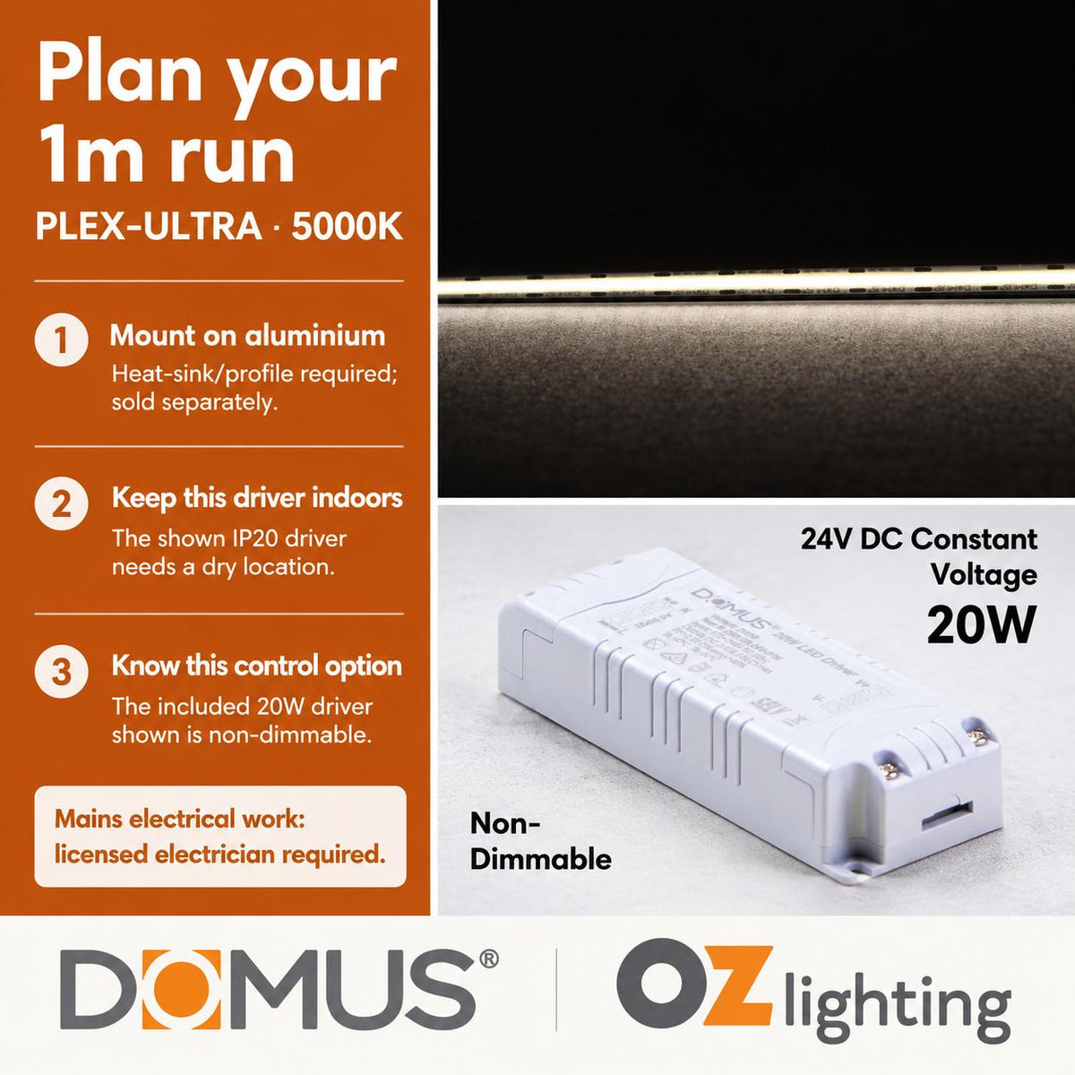 Domus PLEX Ultra 1 Metre 10W/m Cool White Strip and Driver Bundle-Domus Lighting-Ozlighting.com.au