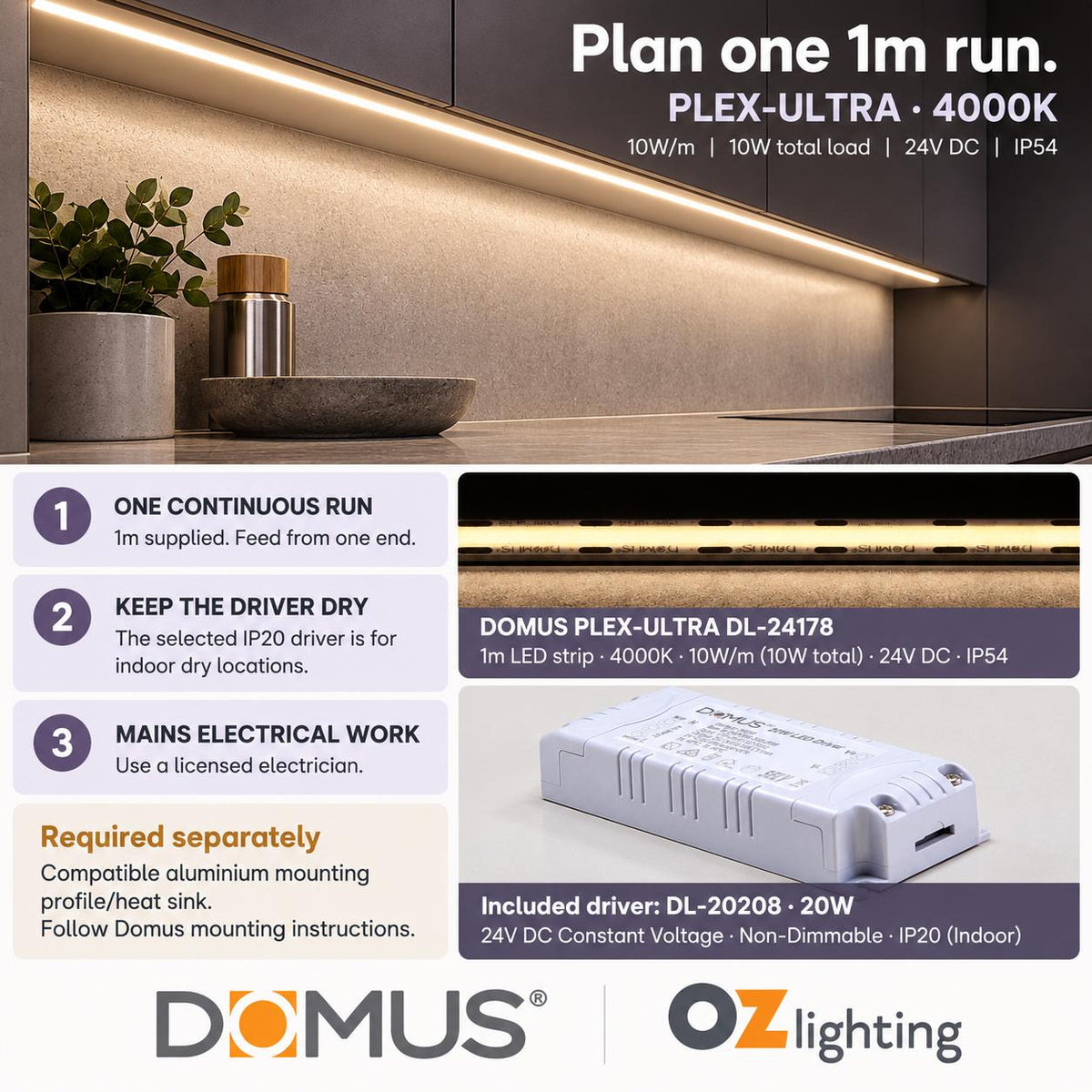 Domus PLEX Ultra 1 Metre 10W/m Neutral White Strip and Driver Bundle-Domus Lighting-Ozlighting.com.au