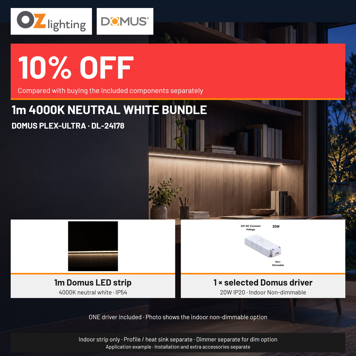 Domus PLEX Ultra 1 Metre 10W/m Neutral White Strip and Driver Bundle-Domus Lighting-Ozlighting.com.au