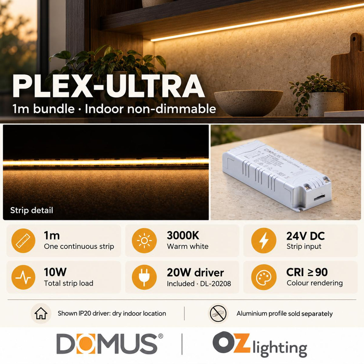 Domus PLEX Ultra 1 Metre 10W/m Warm White Strip and Driver Bundle-Domus Lighting-Ozlighting.com.au