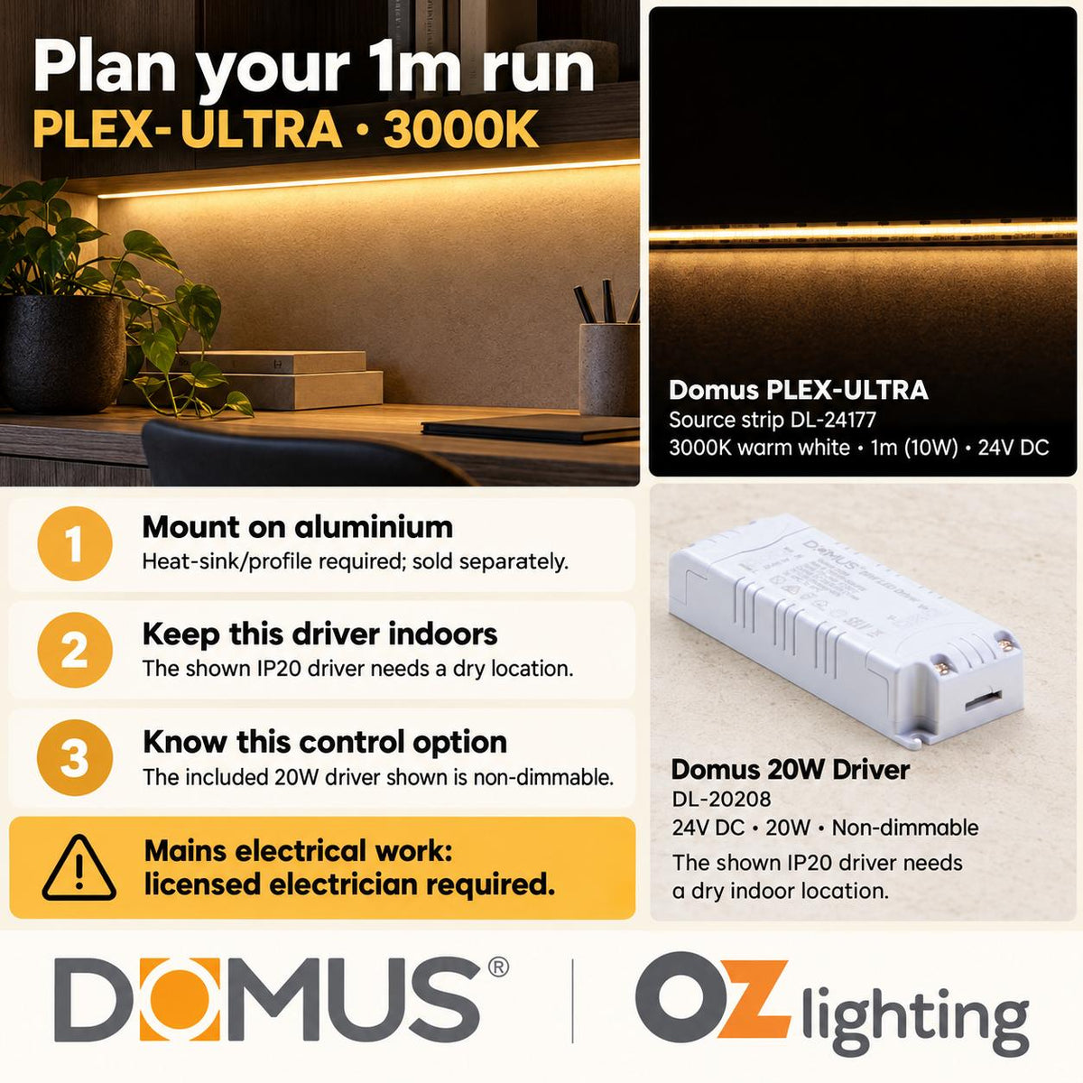 Domus PLEX Ultra 1 Metre 10W/m Warm White Strip and Driver Bundle-Domus Lighting-Ozlighting.com.au