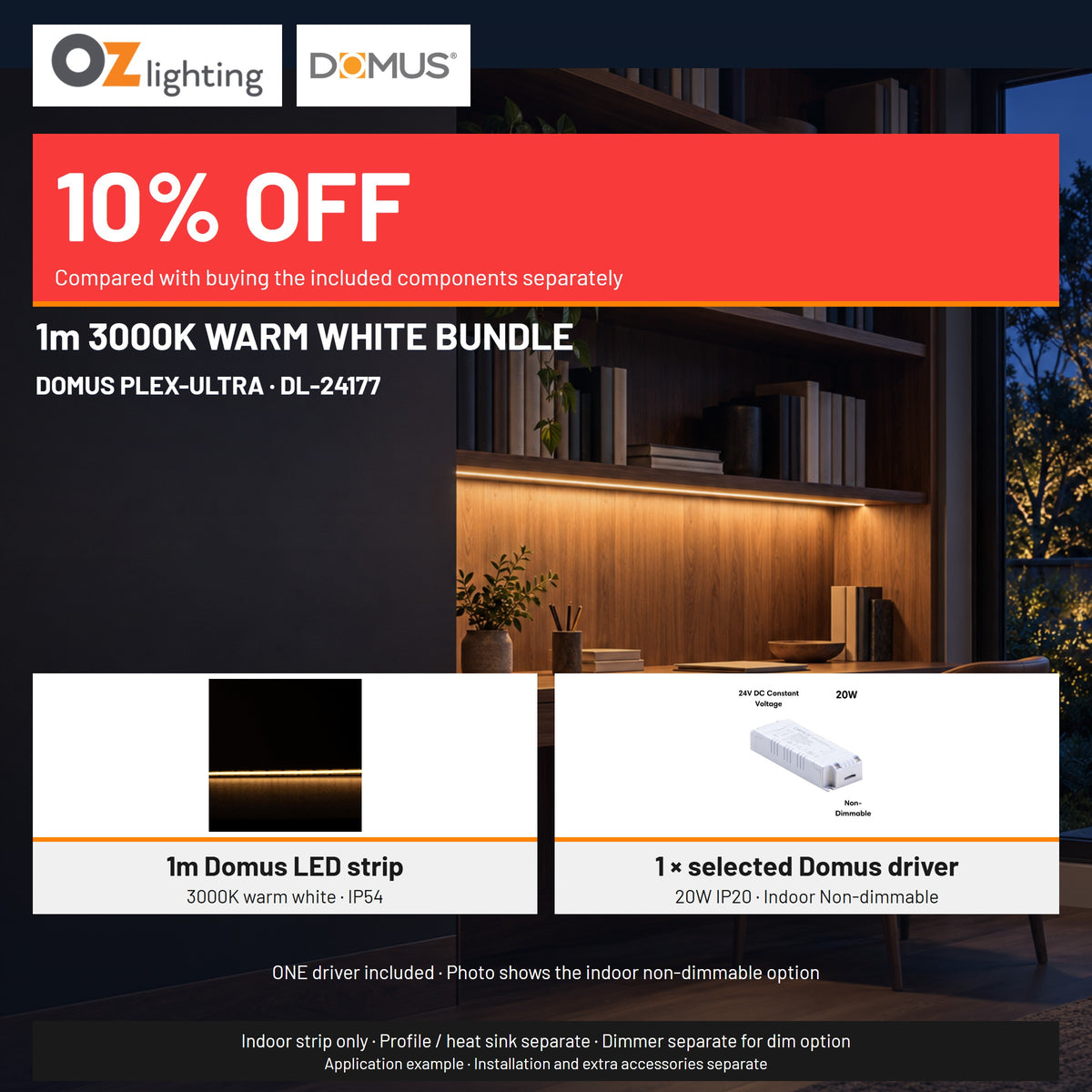 Domus PLEX Ultra 1 Metre 10W/m Warm White Strip and Driver Bundle-Domus Lighting-Ozlighting.com.au