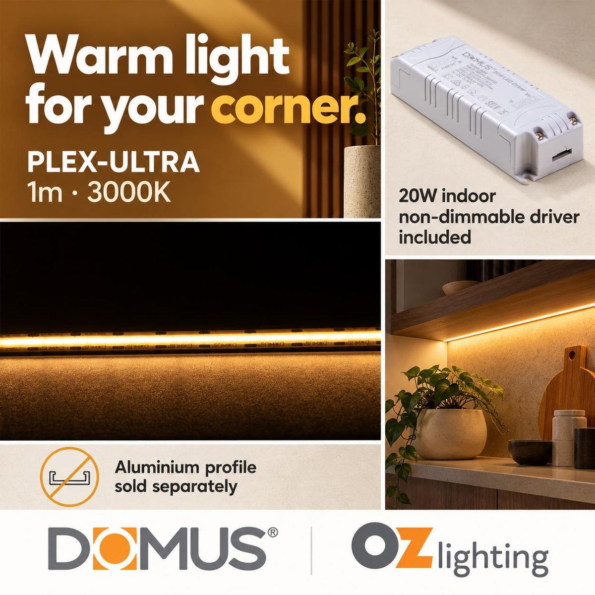 Domus PLEX Ultra 1 Metre 10W/m Warm White Strip and Driver Bundle-Domus Lighting-Ozlighting.com.au