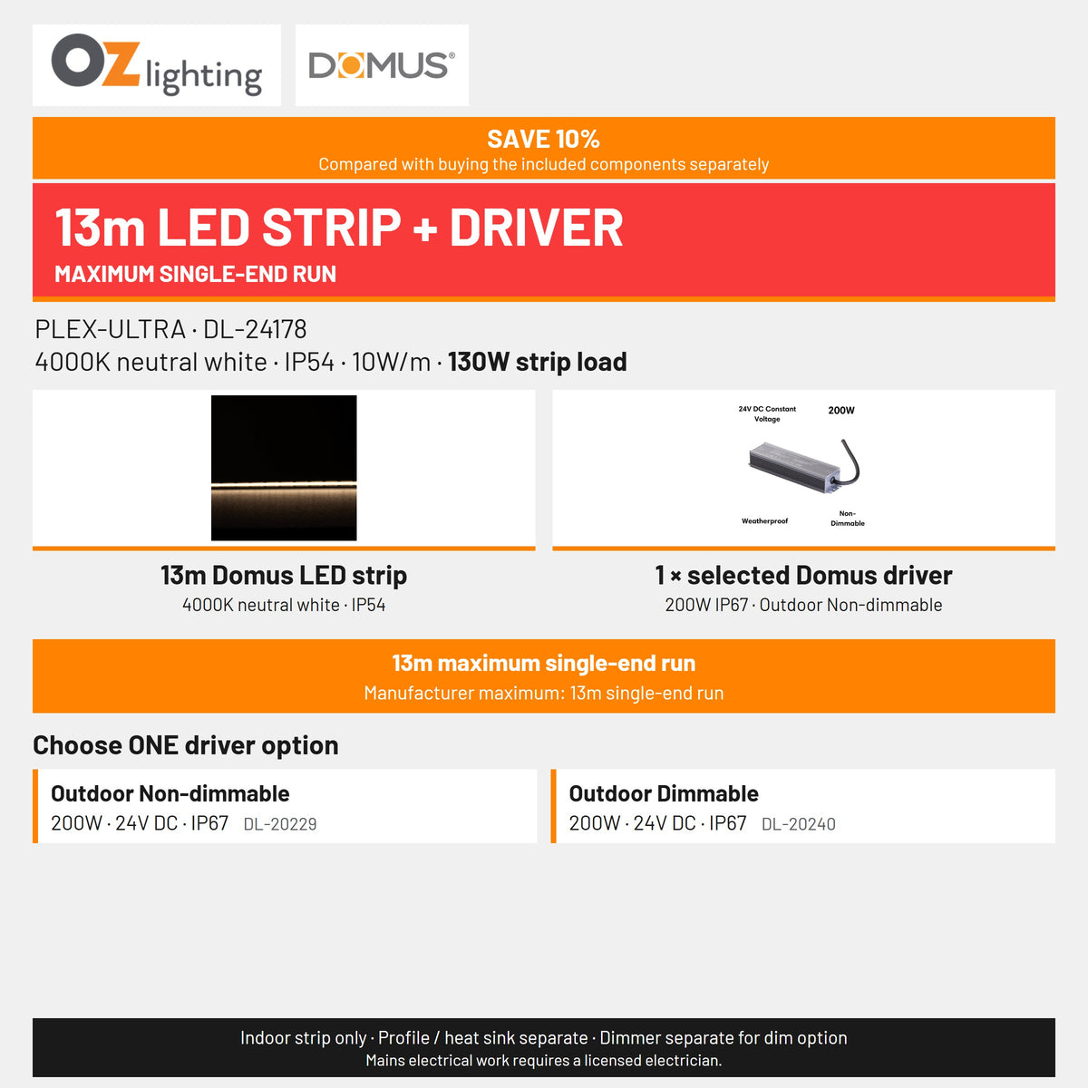 Domus PLEX Ultra 13 Metre 10W/m Neutral White Strip and Driver Bundle-Domus Lighting-Ozlighting.com.au