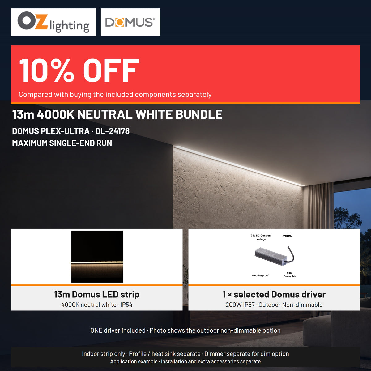 Domus PLEX Ultra 13 Metre 10W/m Neutral White Strip and Driver Bundle-Domus Lighting-Ozlighting.com.au