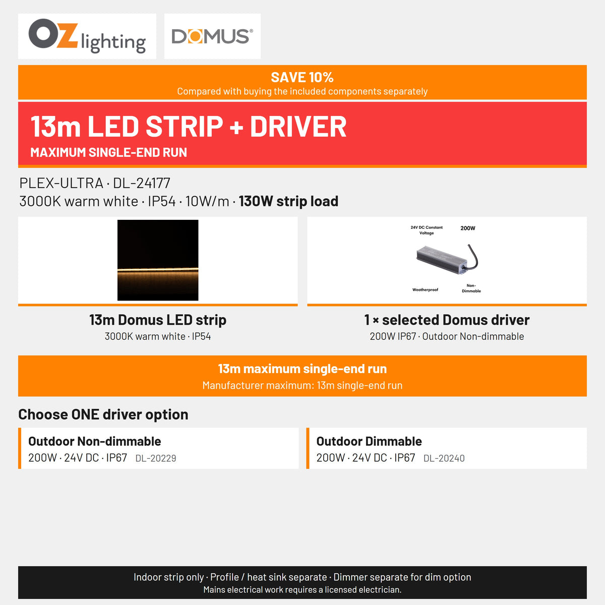 Domus PLEX Ultra 13 Metre 10W/m Warm White Strip and Driver Bundle-Domus Lighting-Ozlighting.com.au